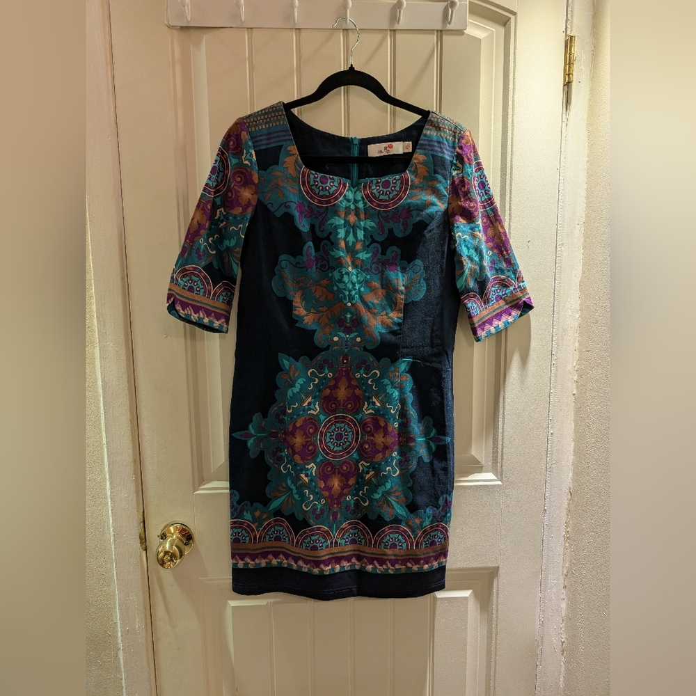 Vibrant Blue and Purple Patterned Midi Dress
